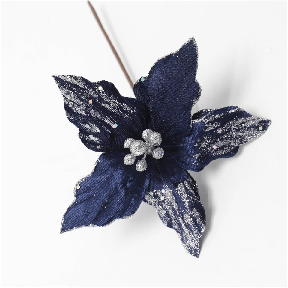 Blue Velvet Sequin Christmas Flower Sacred Tree Decoration Home Decoration Assorted Artificial Flower Poinsettia